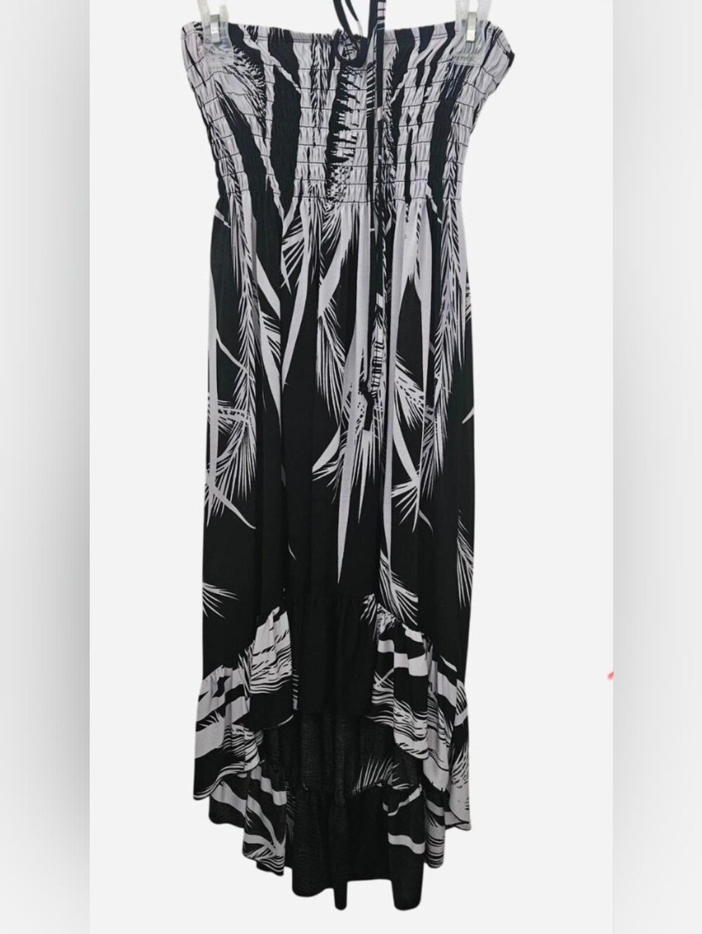 ​Y2K Coastal Palm Print Smocked Halter Neck Tie Maxi Dress Black White Large